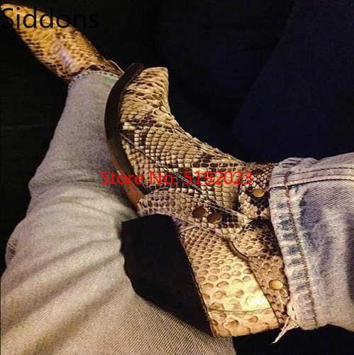 Men's Golden Snake Leather Metal Ring Buckle Pointed Boots Zapatos De Hombre Ankle Pu Leather Botas Hombre Blancas D58